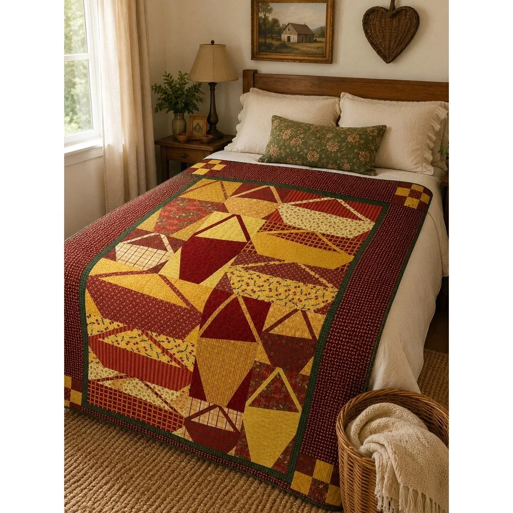 Handmade‎ Patchwork Quilt 42x56 Primitive Country Throw Burgundy Gold